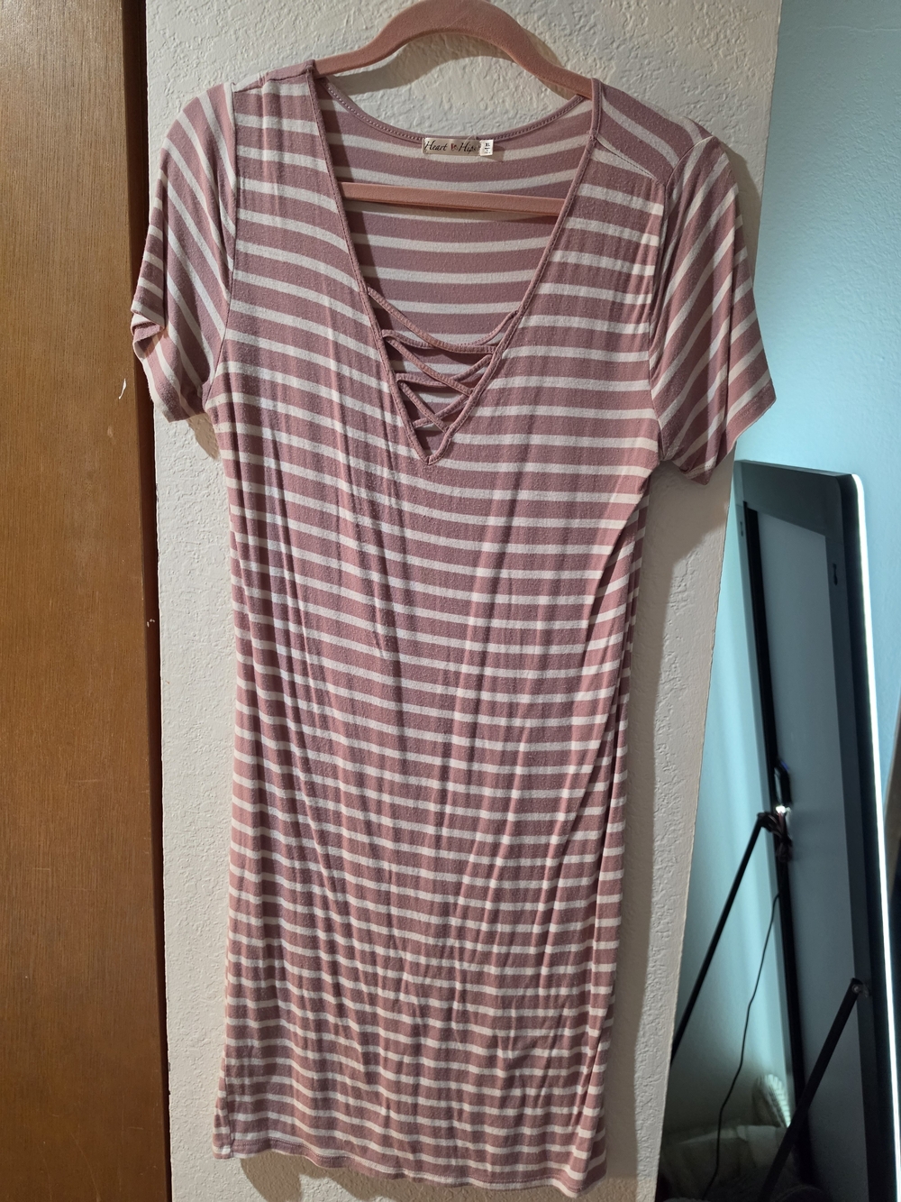 Heart Hips Rose Pink and White Striped Lace-Up V-Neck Tunic Dress